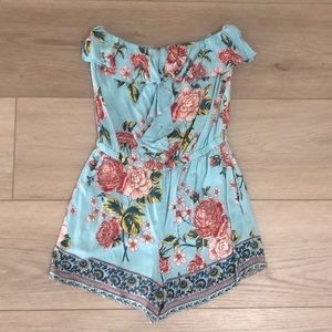 Angie Blue & Pink Floral Ruffle Tube Top Romper
